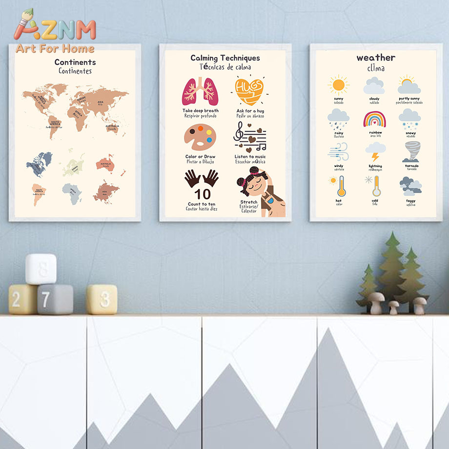 AZNM 이중 언어 스페인어 영어 어린이 교육용 캔버스 - Kids Education Charts 리뷰 및 가격